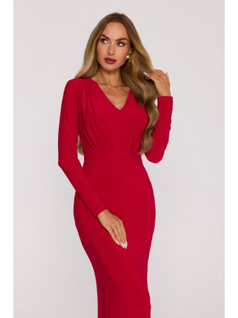 M891 Ruched dress with a sash - red