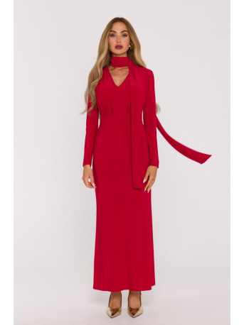 M891 Ruched dress with a sash - red