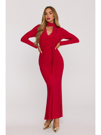 M891 Ruched dress with a sash - red