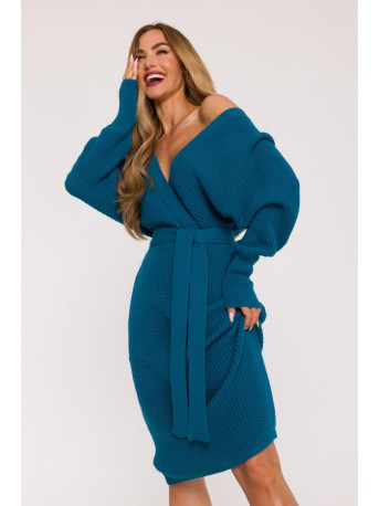 M810 Sweater dress with V-neck - ocean blue