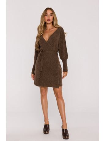 M631 Wrap sweater dress with a tie detail - caramel