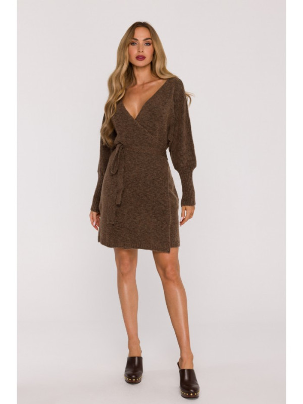 M631 Wrap sweater dress with a tie detail - caramel