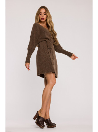 M631 Wrap sweater dress with a tie detail - caramel