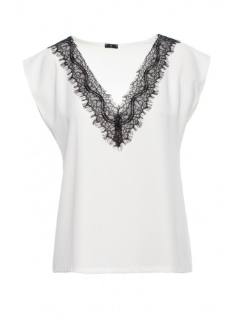 S206 Marškinėliai be rankovių su nėriniuota iškirpte - ecru spalvos