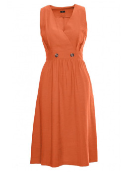 S224 Oranžinė suknelė be rankovių, imituojanti užvartuką, platėjanti nuo liemens - oranžinė
