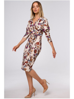 M524 Raštuota trikotažinė suknelė su apgaubiančia viršutine dalimi ir dirželiu - spalva