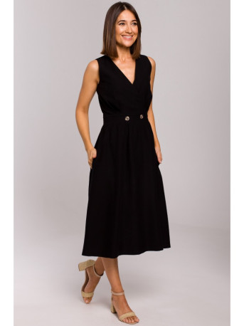 S224 Sleeveless faux wrap fir and flare dress - black