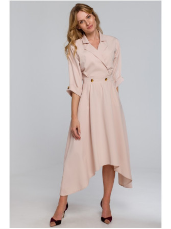 .K086 Midi ilgio suknelė su dekoratyvinėmis sagomis - smėlio