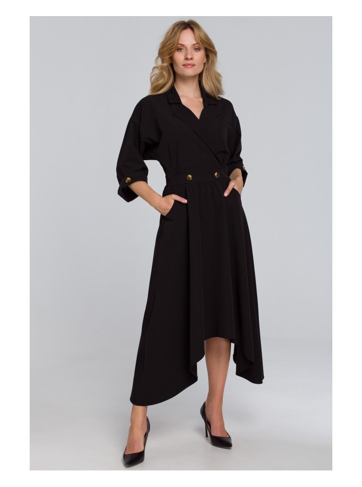 .K086 Midi ilgio suknelė su dekoratyvinėmis sagomis - juoda