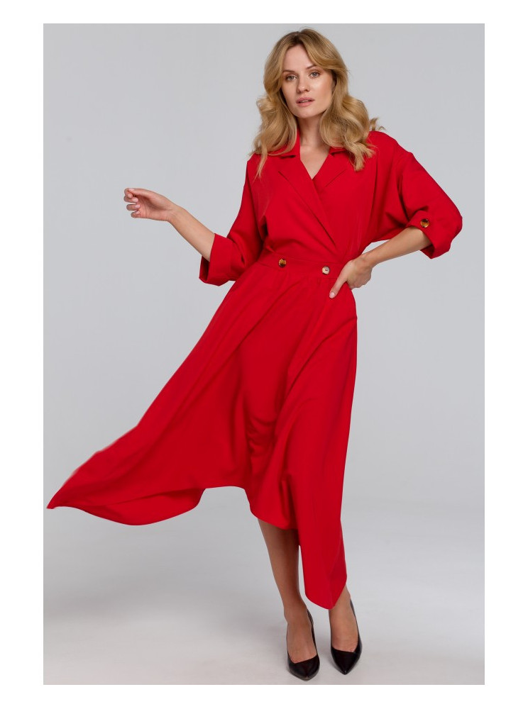 .K086 Midi ilgio suknelė su dekoratyvinėmis sagomis - raudona