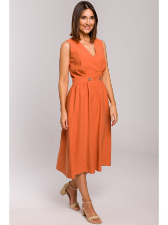 S224 Sleeveless faux wrap fir and flare dress - orange