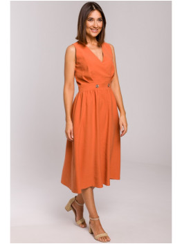 S224 Sleeveless faux wrap fir and flare dress - orange