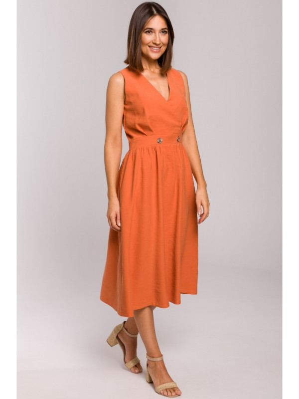 S224 Sleeveless faux wrap fir and flare dress - orange