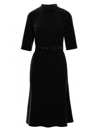 S231 Suknelė su apykakle ir diržu su sagtimi - juoda