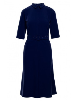 S231 Suknelė su apykakle ir diržu sagtimi - tamsiai mėlyna