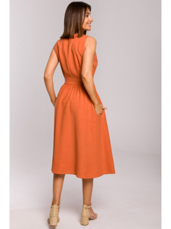 S224 Sleeveless faux wrap fir and flare dress - orange