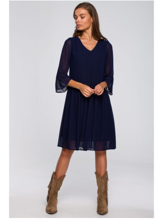 S236 Vienspalvė šifono suknelė - tamsiai mėlyna