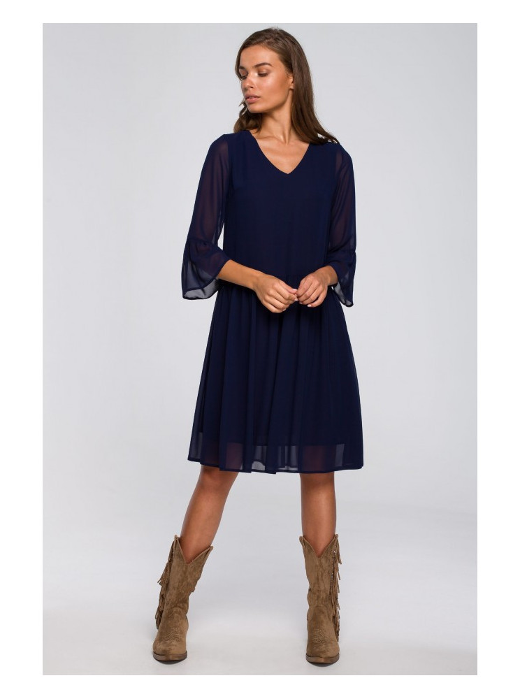 S236 Vienspalvė šifono suknelė - tamsiai mėlyna