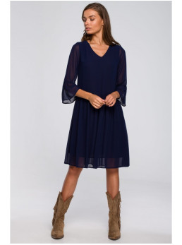 S236 Vienspalvė šifono suknelė - tamsiai mėlyna