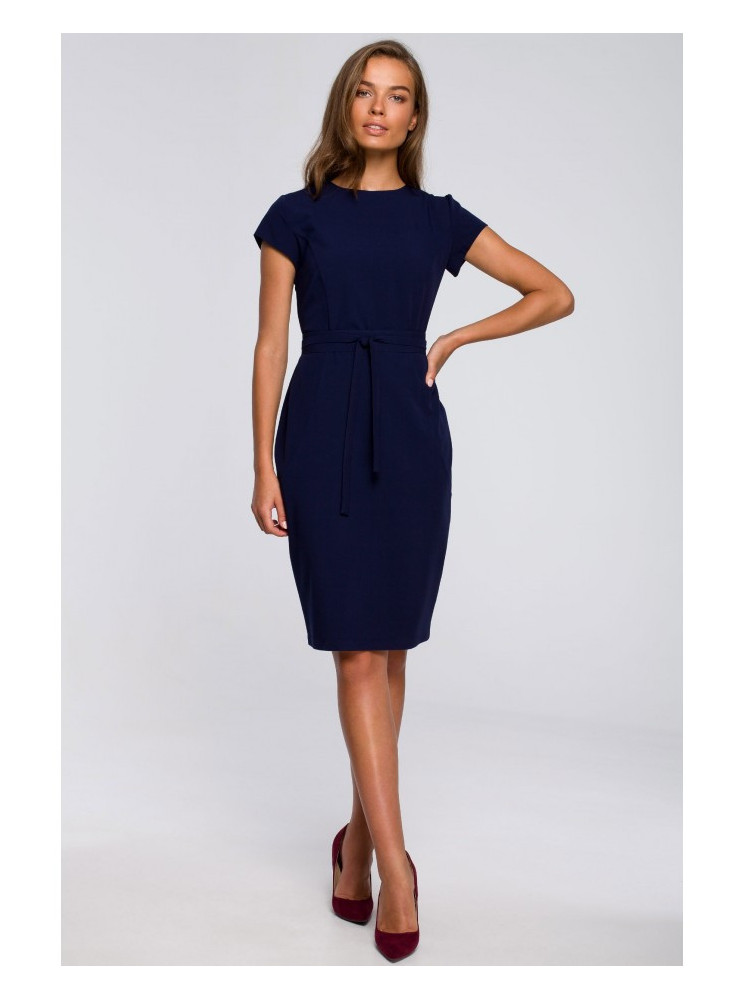 S239 Pieštuko silueto suknelė su dirželiu - tamsiai mėlyna