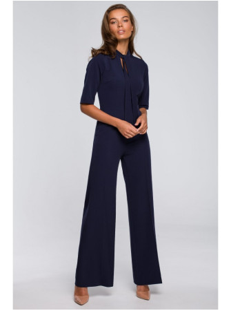 S243 Elegantiškas kombinezonas su kaklaraiščiu - tamsiai mėlyna