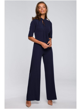 S243 Elegantiškas kombinezonas su kaklaraiščiu - tamsiai mėlyna