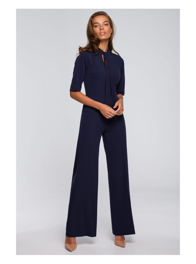 S243 Elegantiškas kombinezonas su kaklaraiščiu - tamsiai mėlyna