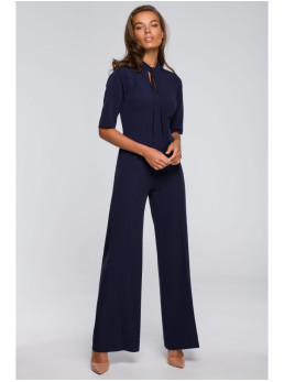 S243 Elegantiškas kombinezonas su kaklaraiščiu - tamsiai mėlyna