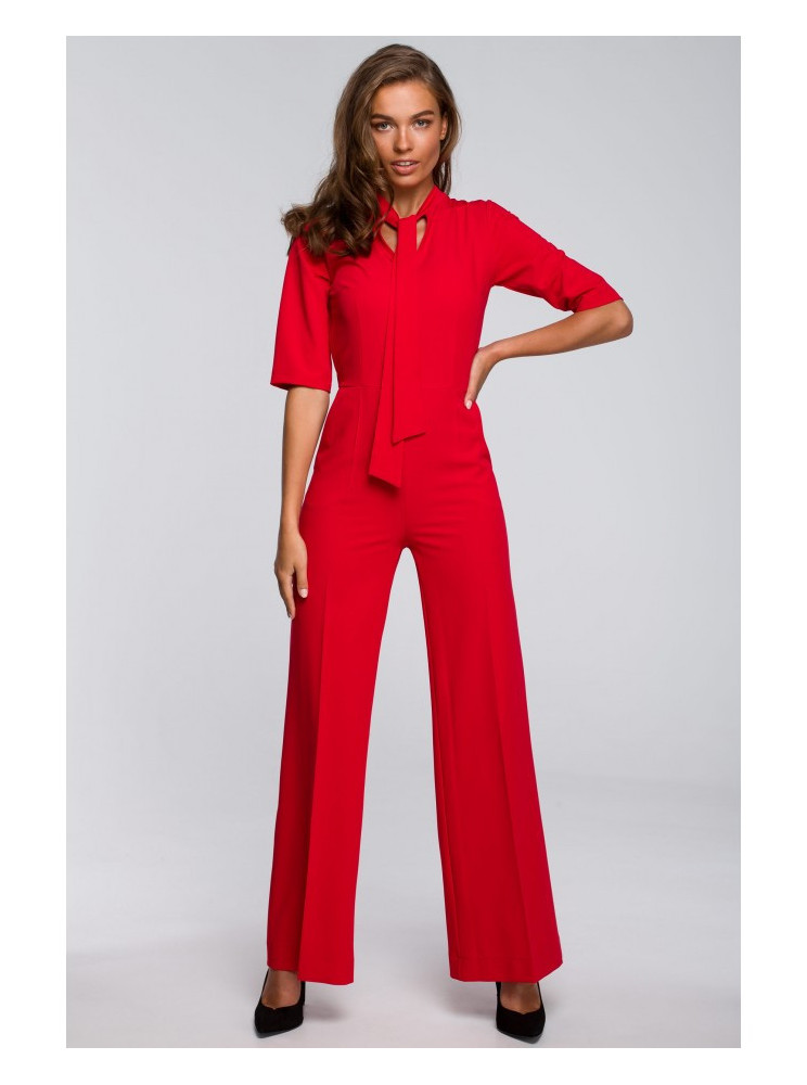 S243 Elegantiškas raudonas kombinezonas su kaklaraiščiu - raudona