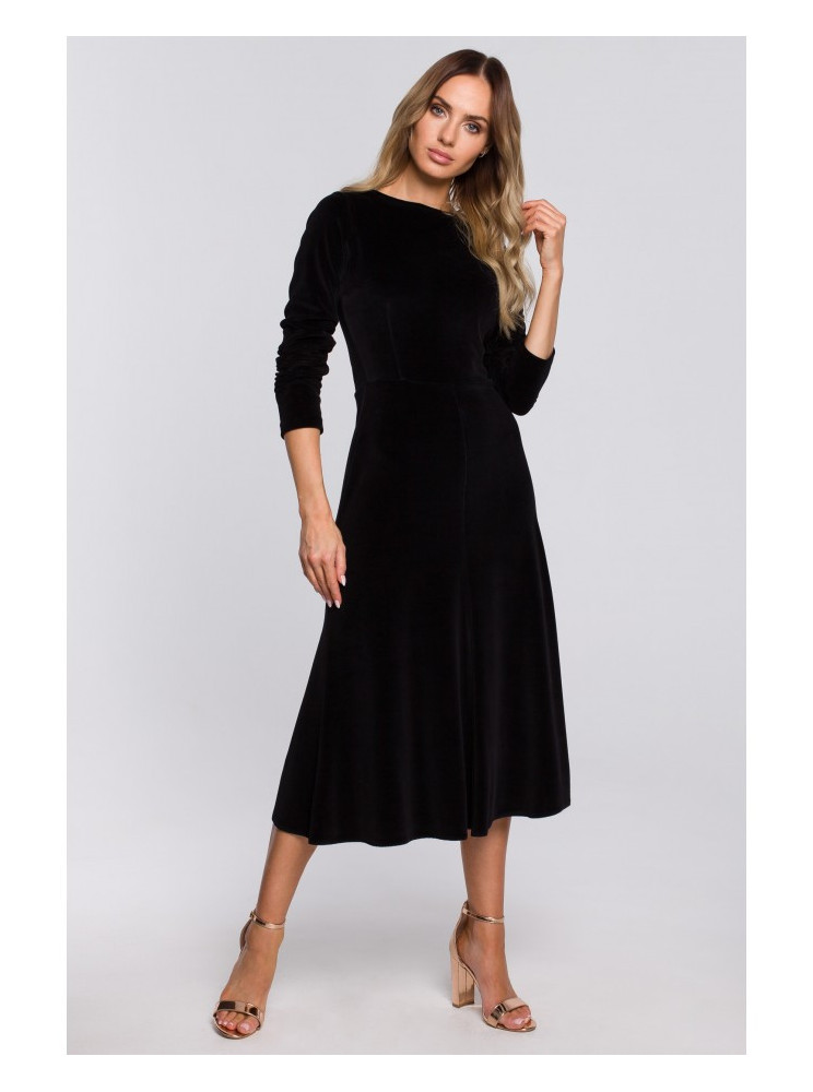M557 Aksominė midi suknelė su pūstomis rankovėmis - juoda