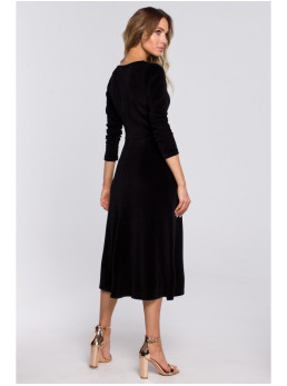 M557 Aksominė midi suknelė su rauktomis rankovėmis - juoda
