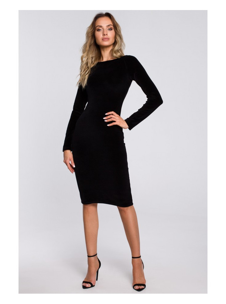 M565 Aksominė pieštuko silueto suknelė - juoda