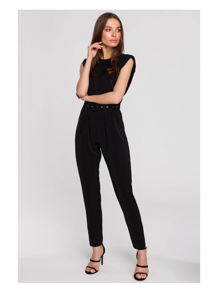 S259 Kombinezonas be rankovių su paaukštintais pečiais - juoda