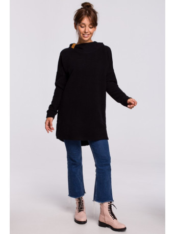 B176 Textured knit pullover top with rounded hem - black