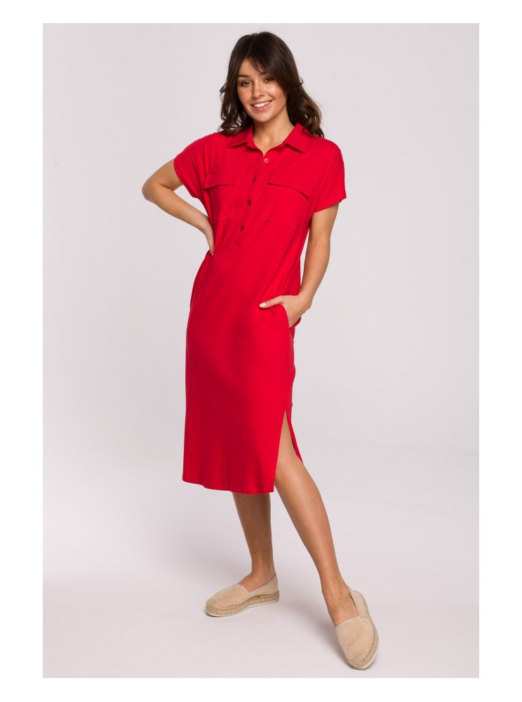 B222 Safari stiliaus suknelė su kišenėmis - raudona