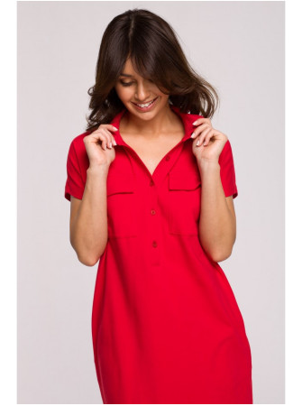 B222 Safari stiliaus suknelė su kišenėmis - raudona