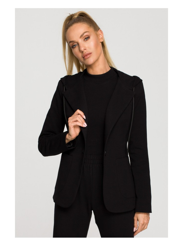 M691 Švarkas su gobtuvu ir viena saga - juoda