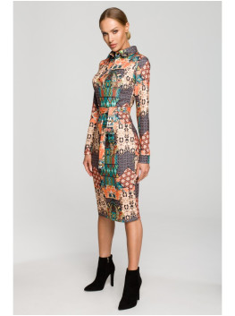 M706 Raštuotas prigludęs suknelė su apykakle – 3 modelis - spalva