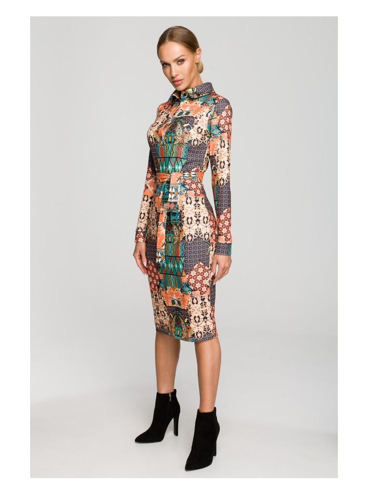 M706 Raštuotas prigludęs suknelė su apykakle – 3 modelis - spalva