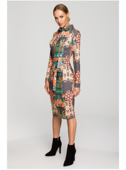 M706 Raštuotas prigludęs suknelė su apykakle – 3 modelis - spalva