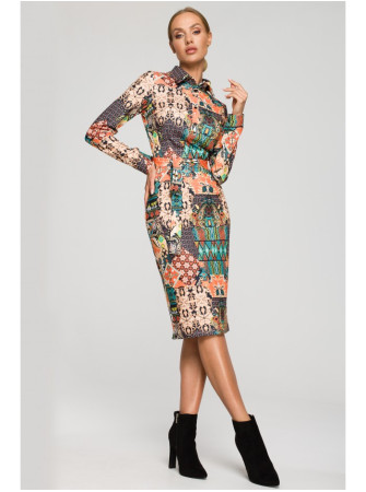 M706 Raštuotas prigludęs suknelė su apykakle – 3 modelis - spalva