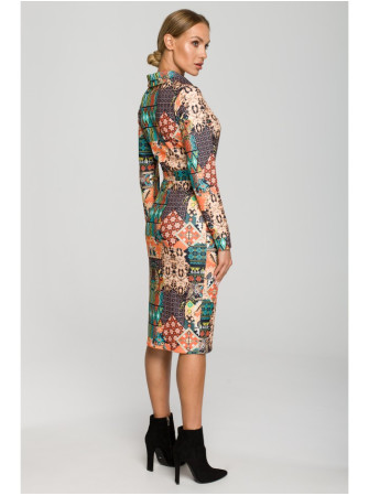 M706 Raštuotas prigludęs suknelė su apykakle – 3 modelis - spalva