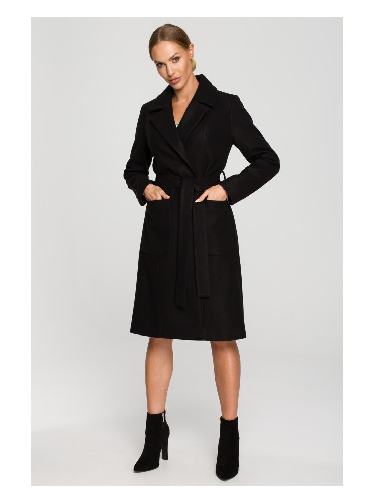 M708 Fleece paltas su kišenėmis ir diržu - juoda