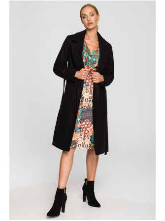 M708 Fleece paltas su diržu ir kišenėmis - juoda