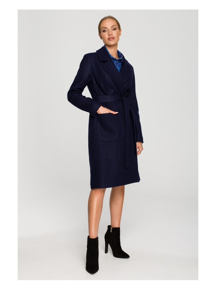 M708 Fleece paltas su diržu ir kišenėmis - tamsiai mėlyna