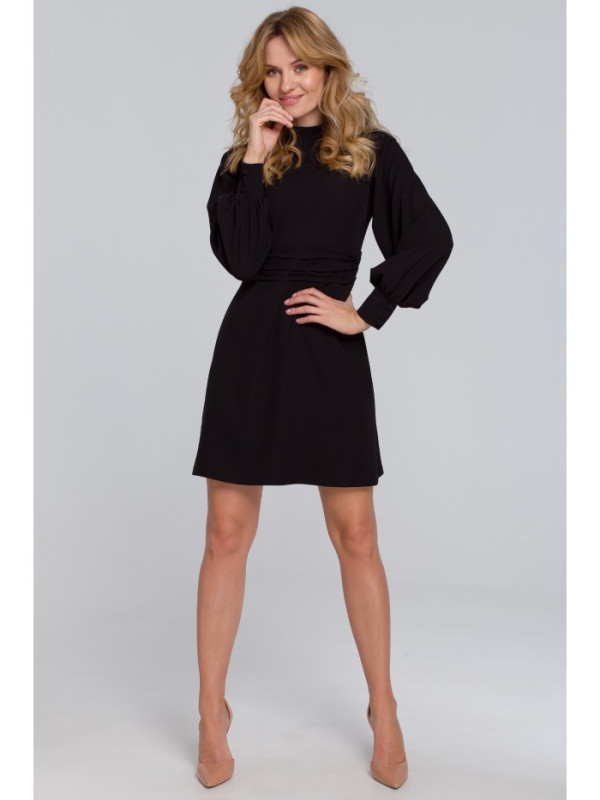 K078 Dress with gathered belt - black