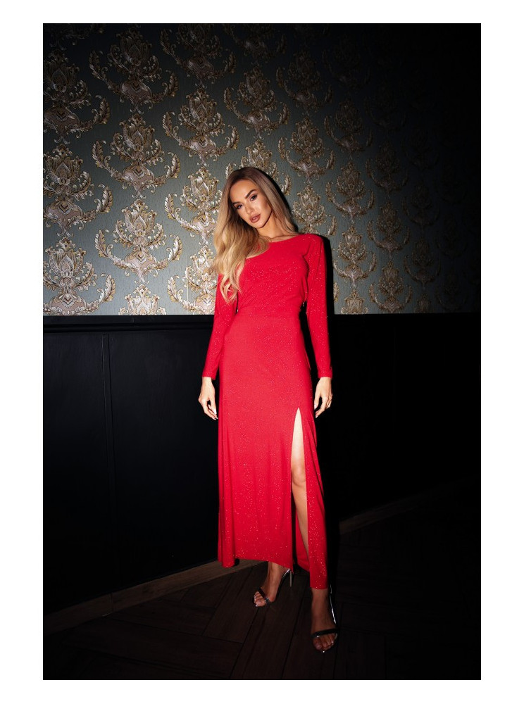 M719 Ilga raudona suknelė ilgomis rankovėmis - raudona