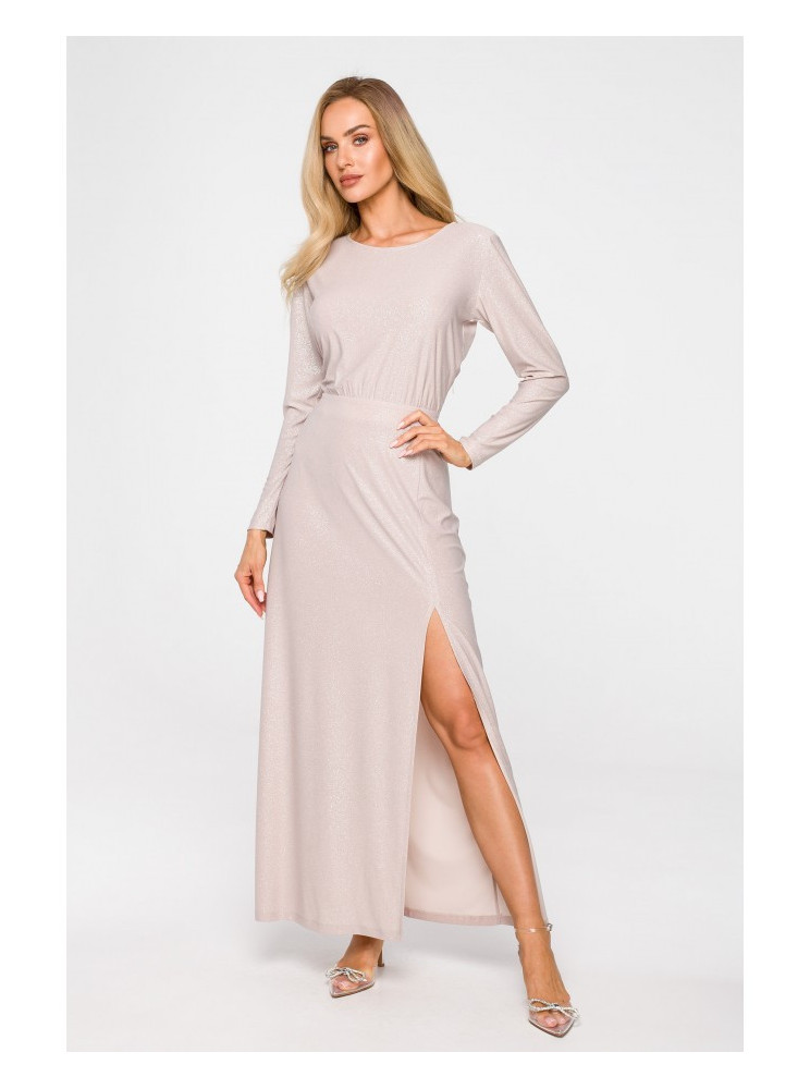 M719 Ilga, maxi ilgio suknelė ilgomis rankovėmis - šampano