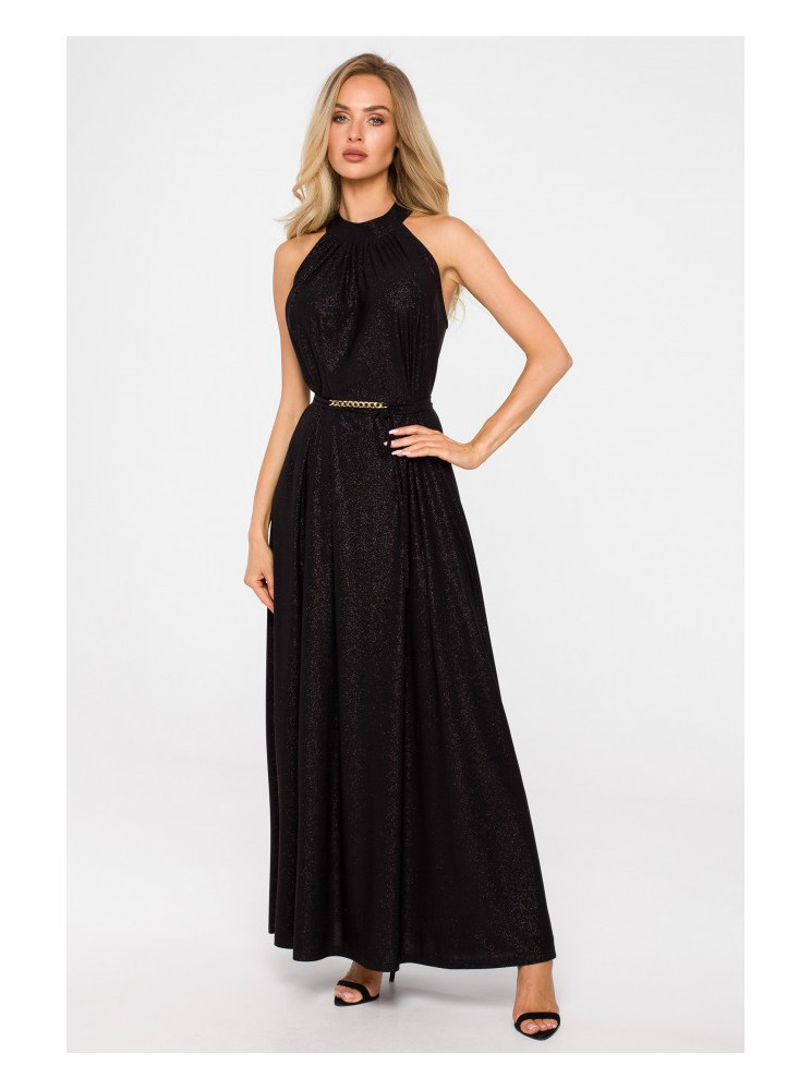M721 Ilga juoda suknelė su petnešėlėmis - juoda