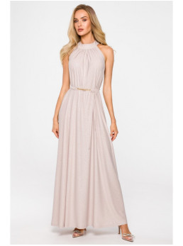 M721 Ilga suknelė su petnešėlėmis aplink kaklą - šampano